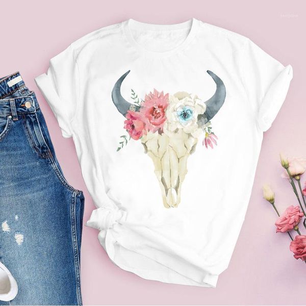 

women graphic heifer skull 90s short sleeve floral flower cute printed lady tees clothing female t shirt womens t-shirt1, White