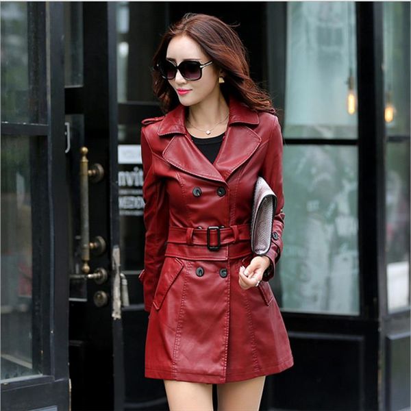 

2018 autumn new women long leather jacket slim plus size bow belt motorcycle pu leather long jacket coat trench, Black