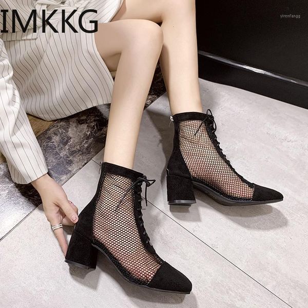 

2020 fashion ankle boots women pu+mesh summer boots square toe lace up square heel casual shoes woman botas mujer1, Black