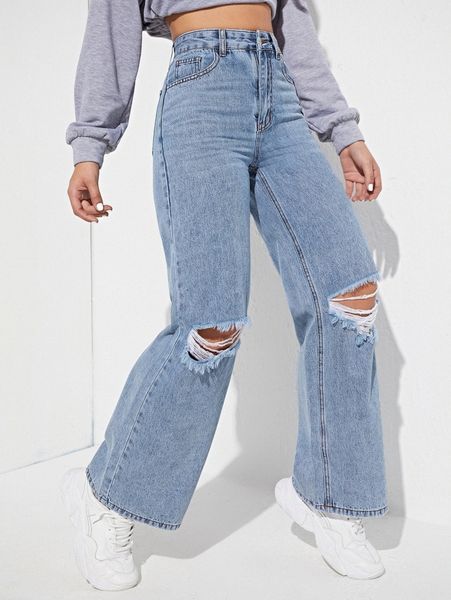 

high waisted ripped light wash jeans h8fi#, Blue