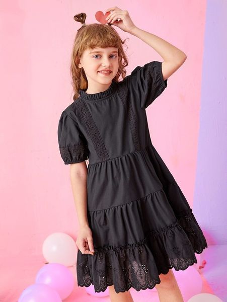 

girls eyelet embroidery frill trim dress she, Red;yellow