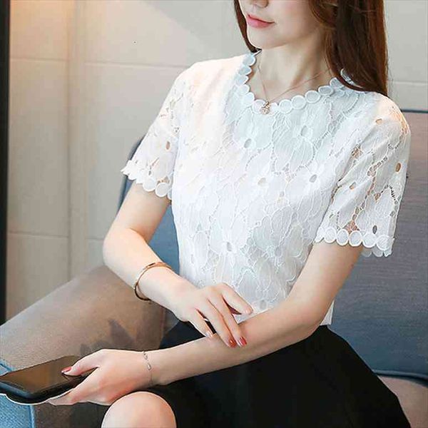 

fashion women ladies summer short sleeve shirt loose casual lace white blouse clothes ns4505