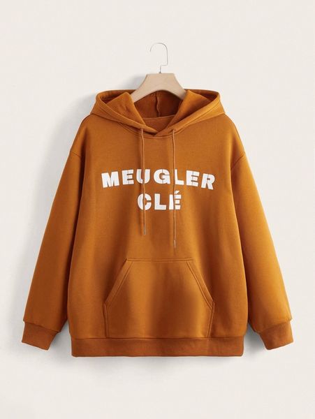 

plus letter graphic kangaroo pocket thermal lined drawstring hoodie y3k0#, Black