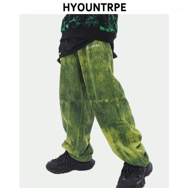 

irregular tie-dyed corduroy wide leg pants men fashion straight elastic waist loose trouser hip hop streetwear new casual jogger1, Black