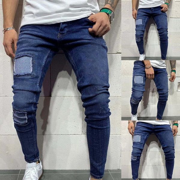 

men's silm fit denim pants solid color pants flexible jeans men's jeans with pockets1, Blue