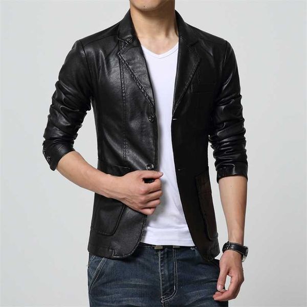 

fashion men's casual boutique suit leather jacket / male solid color business collar pu blazers long sleeve dress coat 211222, Black