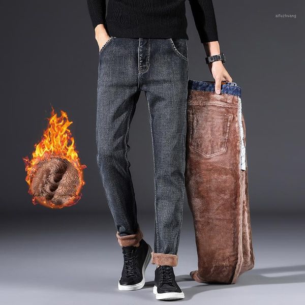 

2019 winter new men's warm jeans business casual elasticity thick slim denim pants brand trousers black plus size 401, Blue