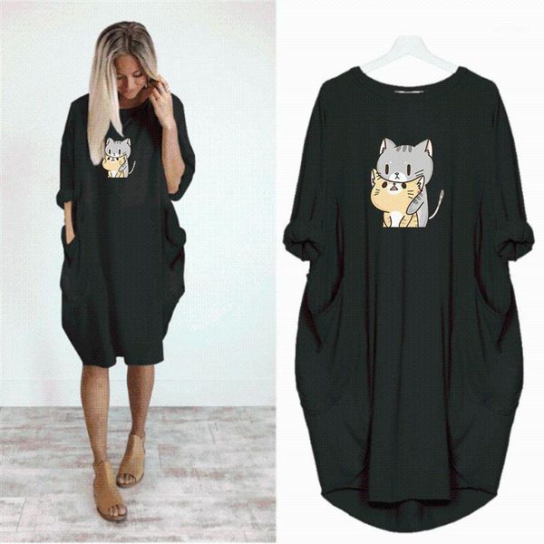 

dress women cute print cat dog pocket casual loose vintage party autumn girls clothes kawaii womens plus size -5xl dresses 20201, Black;gray