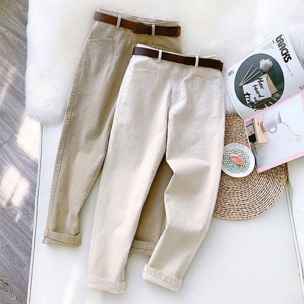 

new spring women's pencil pants with belt high waist ladies casual nine-point pants female fashion slim trousers for women, Black;white
