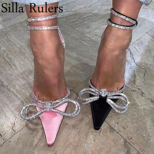 

luxurious crystal butterfly-knot pointed toe pumps women runway genuine leather high heels shoes party shoes wedding mujer, Black