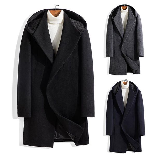 

middle aged and young men's windbreaker woolen coat medium length hooded fashion big lapel loose hood, Black