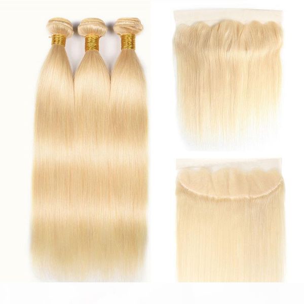 

613 blonde bundles with frontal ear to ear closure straight human hair bundles blonde virgin hair weave 3 bundles with 13x4 lace frontal, Black;brown
