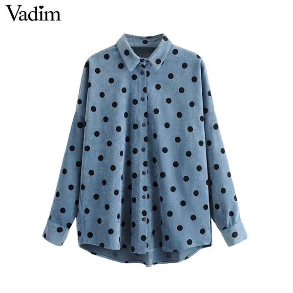 

vadim women oversized blue blouse polka dots long sleeve corduroy shirt female casual loose chic blusas lb628 y200402, White