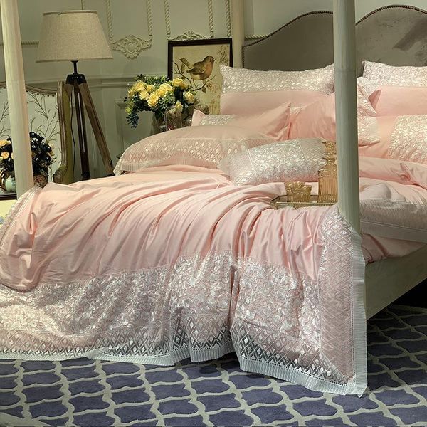 

bedding sets european-style luxury atmosphere high-end egyptian cotton 4-piece set pink lace simple duvet
