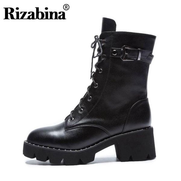 

boots rizabina women mid calf genuine leather gothic shoes lace up fashion zipper square heels platform size 33-43, Black