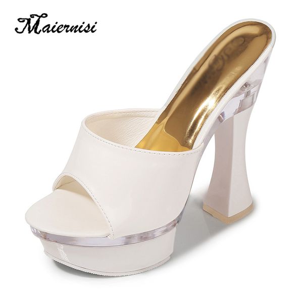 

maiernisi женщины тапочки sexy высокий каблук 14cm мулы peep toe платформы дамы слайды кожа открытый тапочки большой размер 43 y200423, Black