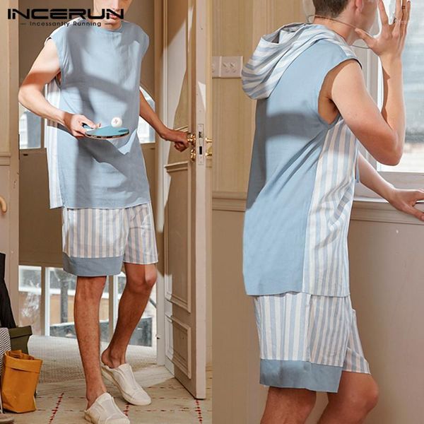 

2020 striped men pajamas sets hooded sleeveless elastic waist shorts breathable summer loungewear sets workout suit incerun1, Black;brown