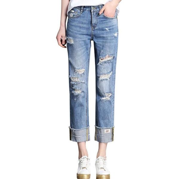 

mom jeans high waist vintage ripped denim jeans pants for women boyfriend distressed stretch teen girls trousers plus size, Blue