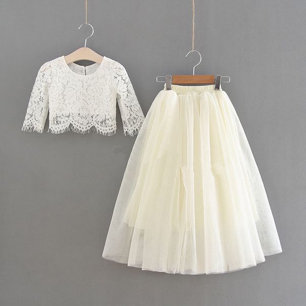 

girls set flower kids clothing 2019 summer vieeoease lace + tulle skirt children outfits 2 pcs cc-306, White