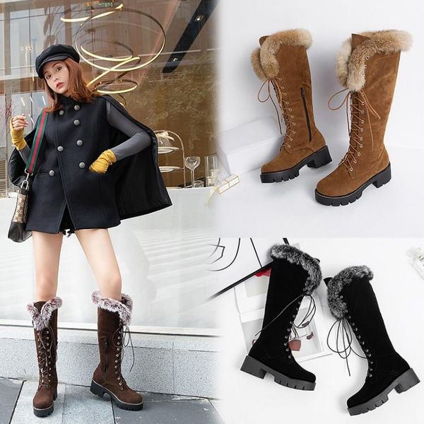 

boots woman fur warm plush 2021 round toe winter female knee-high lace-up faux suede snow high women's shoes, Black