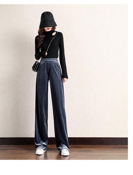 

falling gold velvet wide-leg pants women's high waist casual loose drape straight fall/winter 2020 fashion solid color new style, Black;white