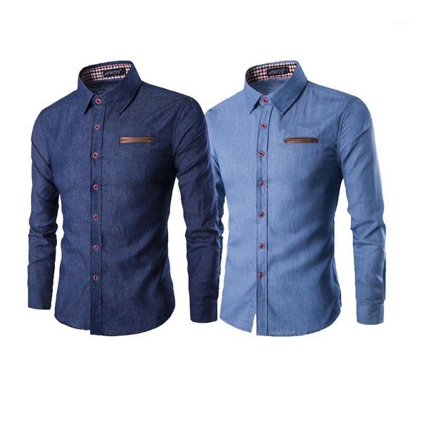 

spring autumn dress shirts men's regular fit one pocket solid color shirt casual shirt denim shirts dark blue light blue -3xl1, White;black