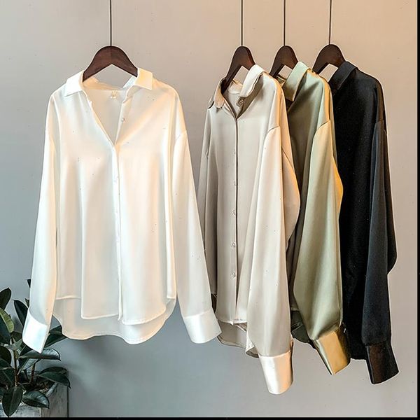 

silk korean office ladies elegant shirt blouse women fashion button up satin shirt vintage white long sleeve shirts 11355