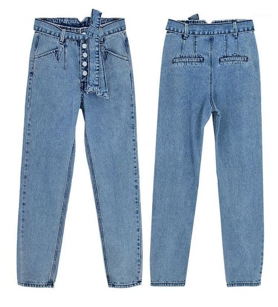 

high waist button jeans women high street fashion snow washed blue denim pants femme jeans with sashes 20201