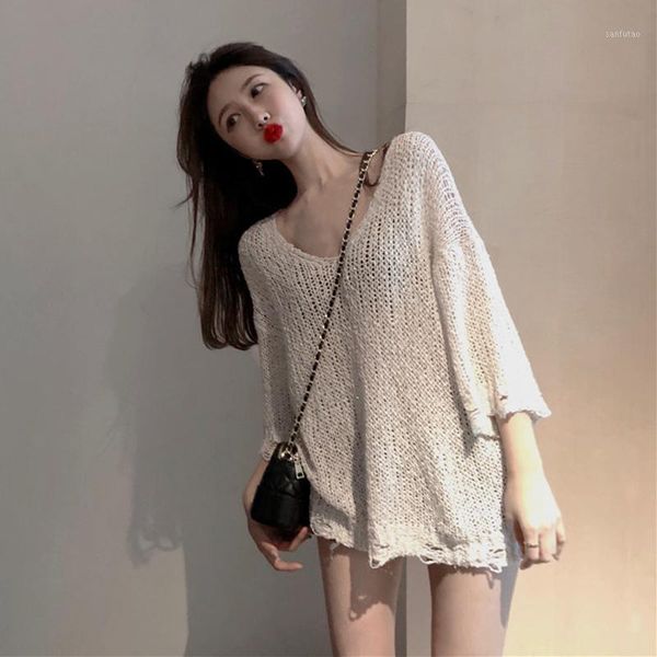 

korean ulzzang missoov designer style autumn fashion brand v-neck thin pullovers loose knitted women sweater hollow out new1, White;black
