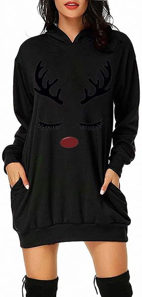 

peter christmas hoodie for women funny reindeer santa graphic casual crewneck hooded sweatshirt long sleeve dress tunic c0jt#, Black