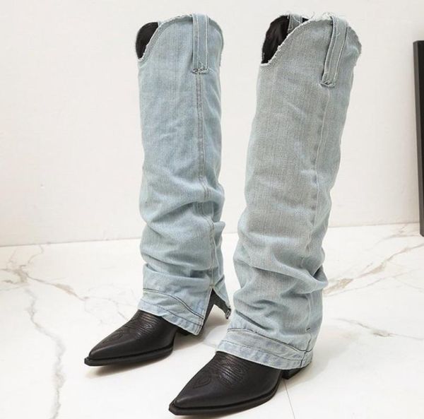 

boots jean women's kne-high boot slip-on high heel woman pointed jeans ladies denim female shoes1, Black