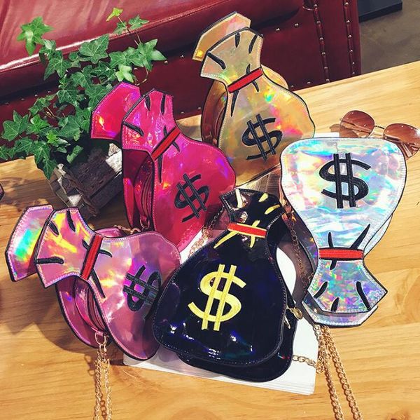 

creative funny laser money shape women shoulder bags designer chains messenger crossbdoy bag luxury pu leather gold small purses