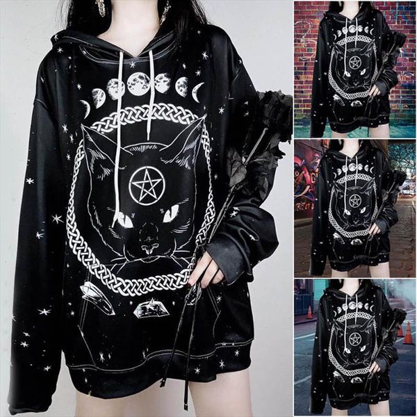 

casual halloween cat autumn oversized jumper hooded pullover womens female loose pullover hoodies outwear, Black