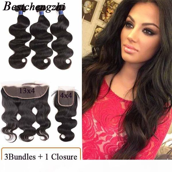 

brazilian virgin hair body wave with closure peruvian malaysian human hair 3 bundles with lace closure part hair extensions, Black
