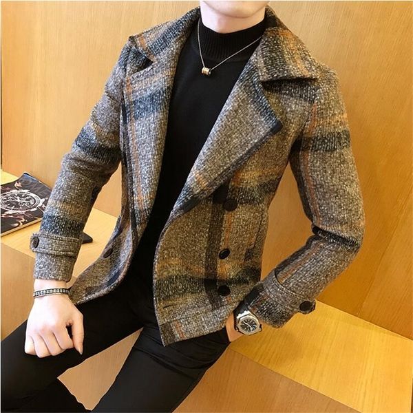 

2021 men woolen winter new double breasted windbreaker fashion retro tartan jackets man slim fit short jacket trench 5xl dst6, Black