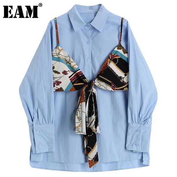 

eam] women white vintage print pattern blouse new lapel long sleeve loose fit shirt fashion tide spring autumn 2021 1dd1012