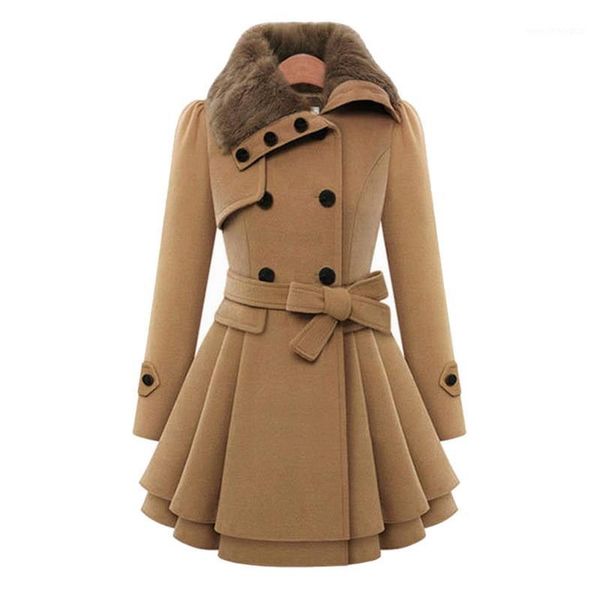 

women's wool & blends women trench fur collar autumn winter fashion vintage double breasted ruffle a-line plus size 4xl femme warm over, Black