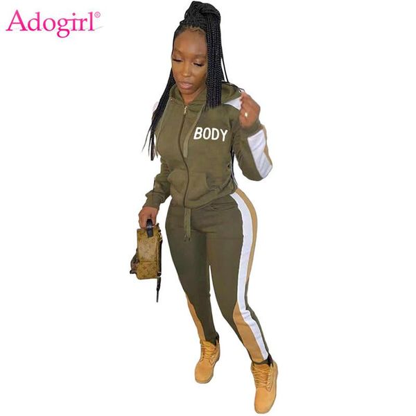 

adogirl body letter print women tracksuit fashion casual two piece set long sleeve zipper hooded jacket pencil pants jogging sui, Gray