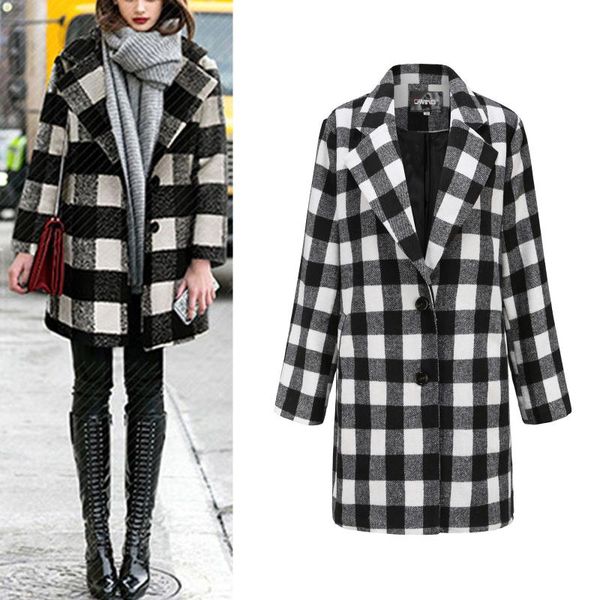 

women elegant long wool coat turn-down collar plaid outerwear long sleeve chic outerwear ladies overcoat autumn winter 2021, Black