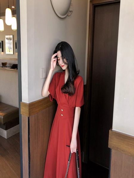 

2021 new standard vintage style yamamoto knee very fairy french platycodon high waist with v dress summer dih6, Black;gray