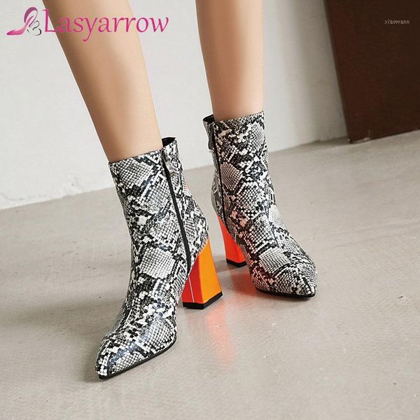 

lasyarrow 2020 size 48 ankle boots women pointed toe snake mixed colors high heel boots european style party shoes woman1, Black