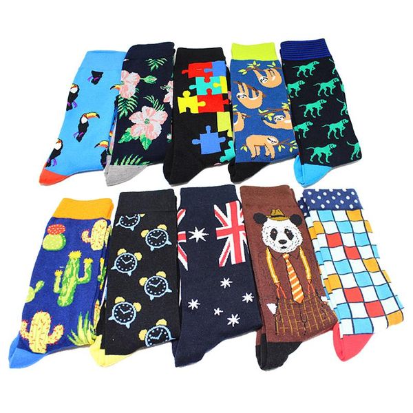 

1 pair men socks combed cotton cartoon animal penguin rhinoceros parrot cactus stars geometric novelty funny socks, Black