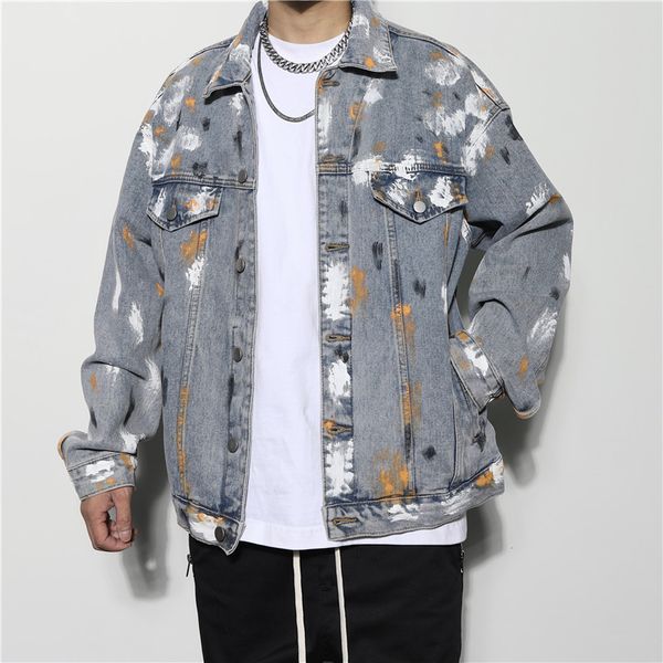 

high street style old splash ink denim jacket men hip hop wash graffiti loose couple casual coat, Black;brown
