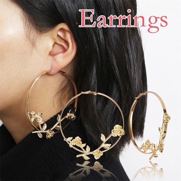 

personality creative large metal rose pendant earrings women's jewelry female flower circle earrings loop jewelry1, Golden;silver