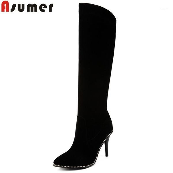 

boots asumer black fashion autumn winter women pointed toe knee high stiletto heels elegant ladies big size1