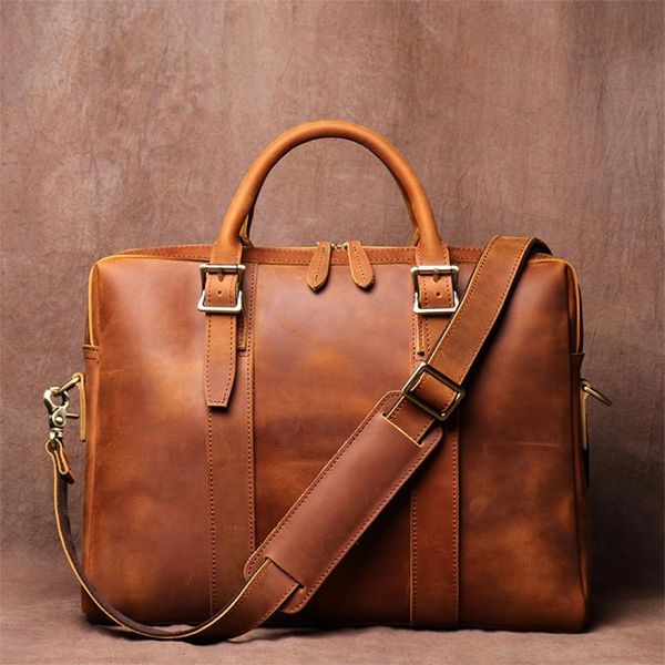 

zrcx vintage man handbag briefcase men shoulder crazy horse genuine leather bags brown business fashion 14 inch lapbag