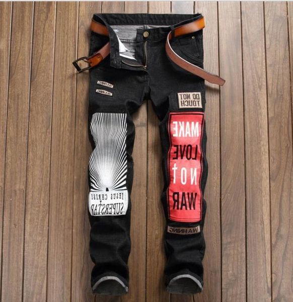 

original design new european american style jeans patch fashion trousers men's letter printing pants black