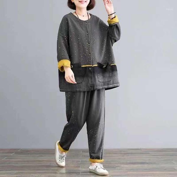 

2020 female new spring plus size fashion literary retro denim stitching loose casual two-piece suit1, White