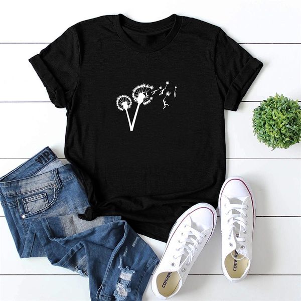 

lh20449 personality trend dandelion pattern printing all-match casual round neck comfortable cotton short-sleeved t-shirt, White