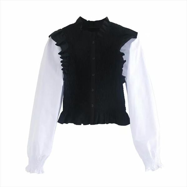 

woman contrast color splicing elastic shirt femme puff sleeve slim blouse casual lady short smock blusas s8007, White